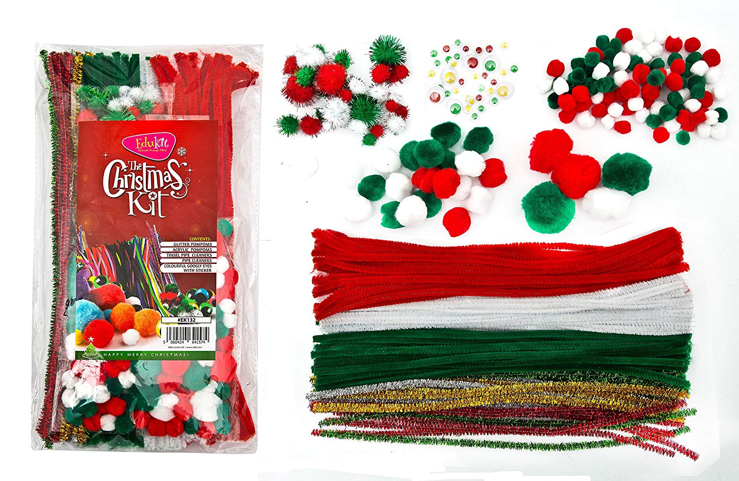 Christmas Themed Craft Kit – Pompoms, Pipe Cleaners, Googly Eyes in Acrylic and Tinsel Christmas Colours – 312 Pieces Christmas Themed Craft Kit – Pompoms, Pipe Cleaners, Googly Eyes in Acrylic and Tinsel Christmas Colours – 312 Pieces