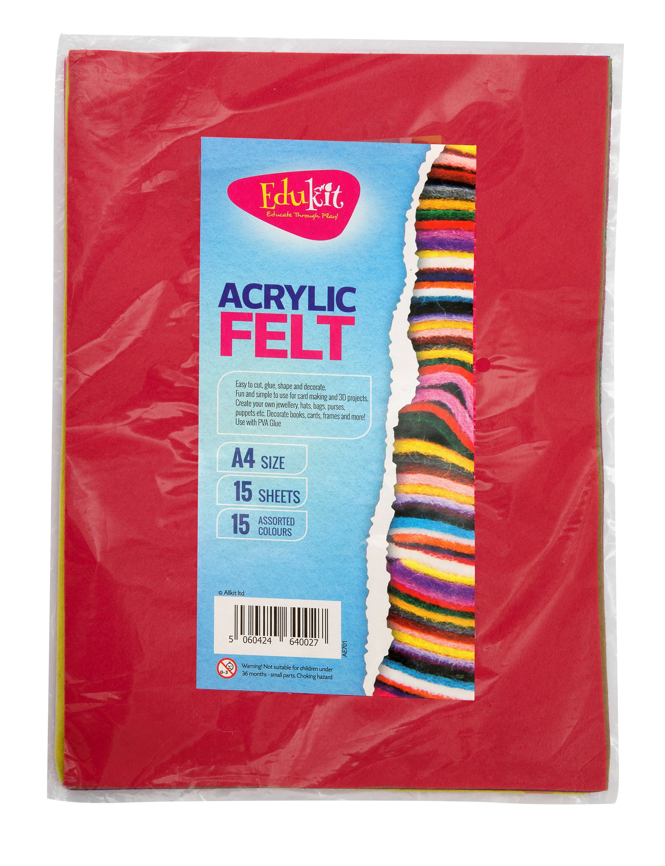 Edukit Acrylic Felt Pack of 15 A4 sheets - 15 assorted colours Edukit Acrylic Felt Pack of 15 A4 sheets - 15 assorted colours