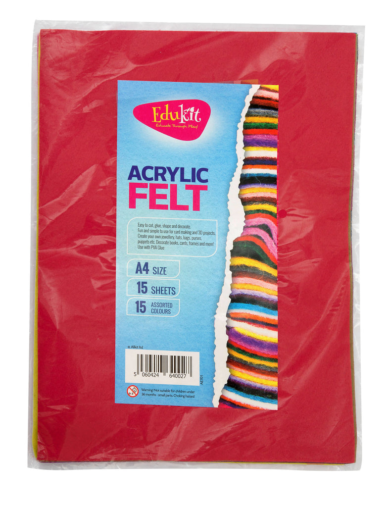 Edukit Acrylic Felt Pack of 15 A4 sheets - 15 assorted colours Edukit Acrylic Felt Pack of 15 A4 sheets - 15 assorted colours