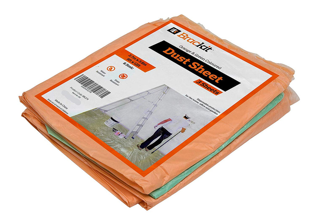 Brackit 3 Pack Orange & Green Coloured Dust Sheets Polythene Dust Sheets 3.6M X2.7M (12X9FT) 8.5Mic (3 Pack)