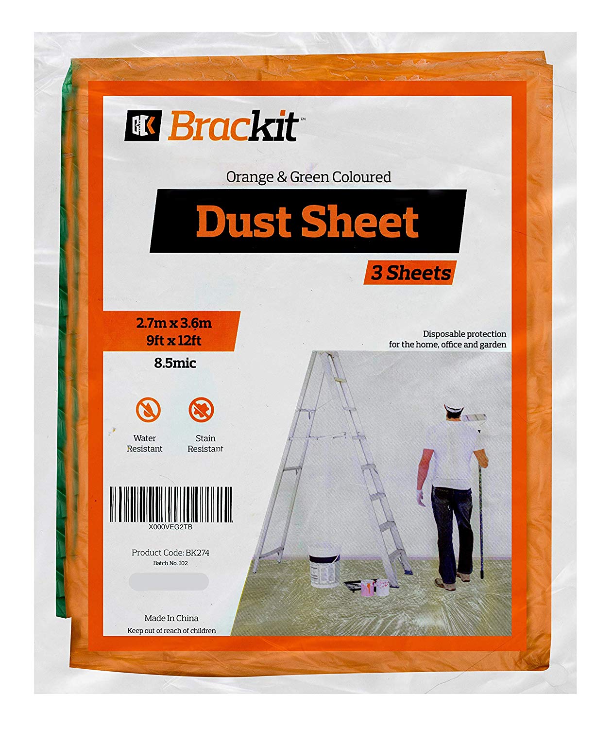 Brackit 3 Pack Orange & Green Coloured Dust Sheets Polythene Dust Sheets 3.6M X2.7M (12X9FT) 8.5Mic (3 Pack)