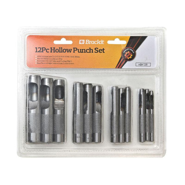 Brackit 12 pc Hollow Hole Punch Kit | 3-19mm Fluted Hole Punches for Leather, Metal, Rubber, Plastic, Gaskets & Wood