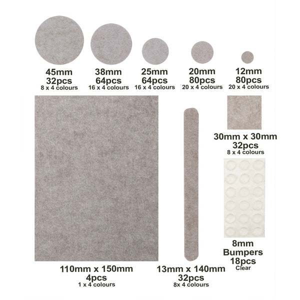 Large 406pcs Bulk Pack of Premium Furniture Felt Pads for Furniture Feet - Floor and Furniture Care Kit – Heavy Duty Self-Stick Adhesive-Backed 5mm Thick Felt in Various Shapes Sizes and Colours