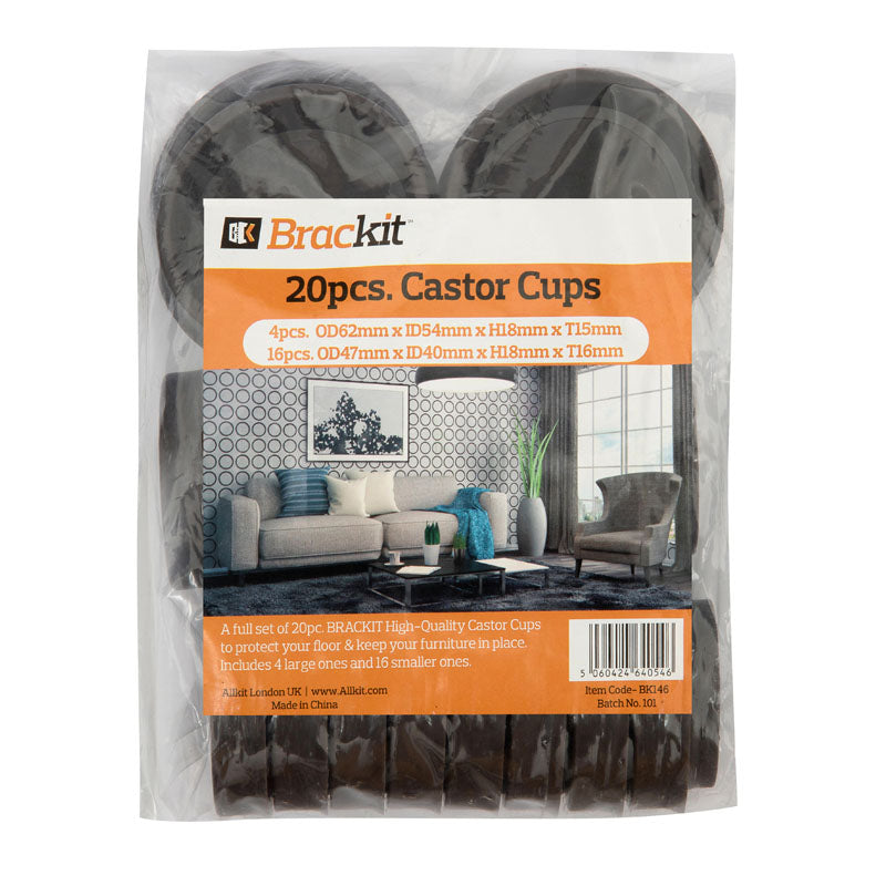 20pc Set of High Quality Brown ABS Plastic Carpet Castor Cups for Securing Furniture Legs and Feet – Great to Protect Carpet & Hard Wood Floors from Chair Table Bed and Sofa Castors