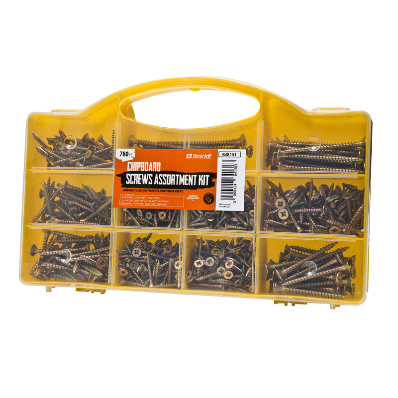 Brackit 780 Pc Chipboard Screw Assortment Kit | Large Value Pack Zinc-Plated, Extra Strength Assorted Wood Screws for Door Hinges, Repairs, Drilling Boards with Clear Top Tool Box