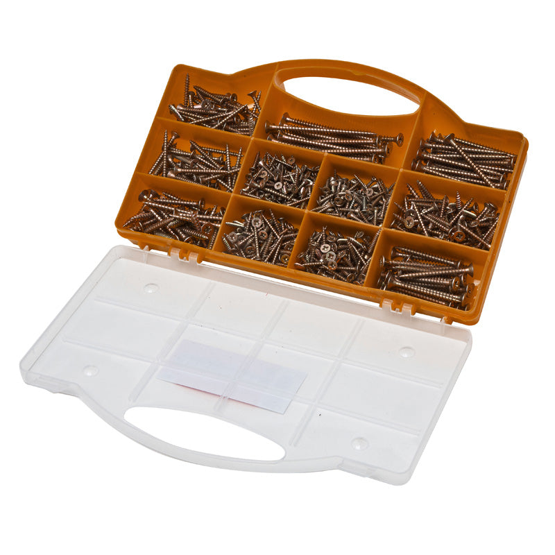 Brackit 780 Pc Chipboard Screw Assortment Kit | Large Value Pack Zinc-Plated, Extra Strength Assorted Wood Screws for Door Hinges, Repairs, Drilling Boards with Clear Top Tool Box