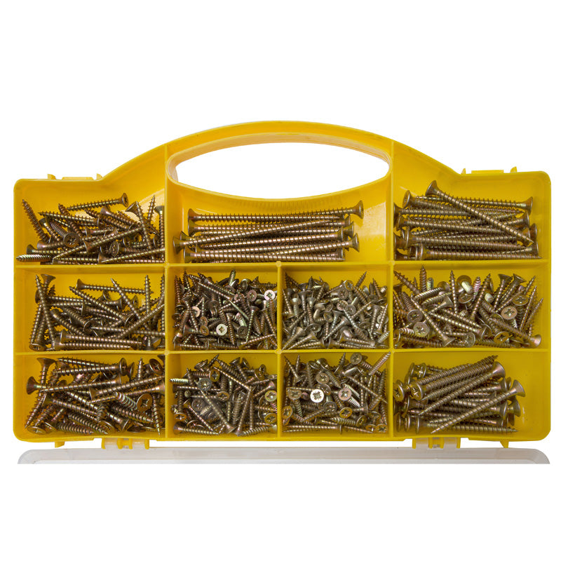 Brackit 780 Pc Chipboard Screw Assortment Kit | Large Value Pack Zinc-Plated, Extra Strength Assorted Wood Screws for Door Hinges, Repairs, Drilling Boards with Clear Top Tool Box