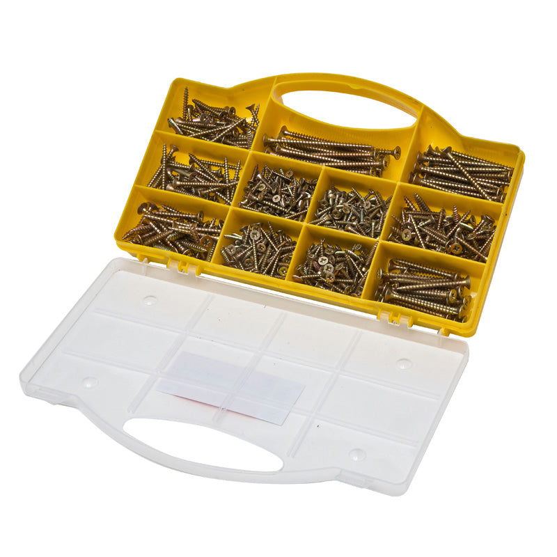 Brackit 780 Pc Chipboard Screw Assortment Kit | Large Value Pack Zinc-Plated, Extra Strength Assorted Wood Screws for Door Hinges, Repairs, Drilling Boards with Clear Top Tool Box