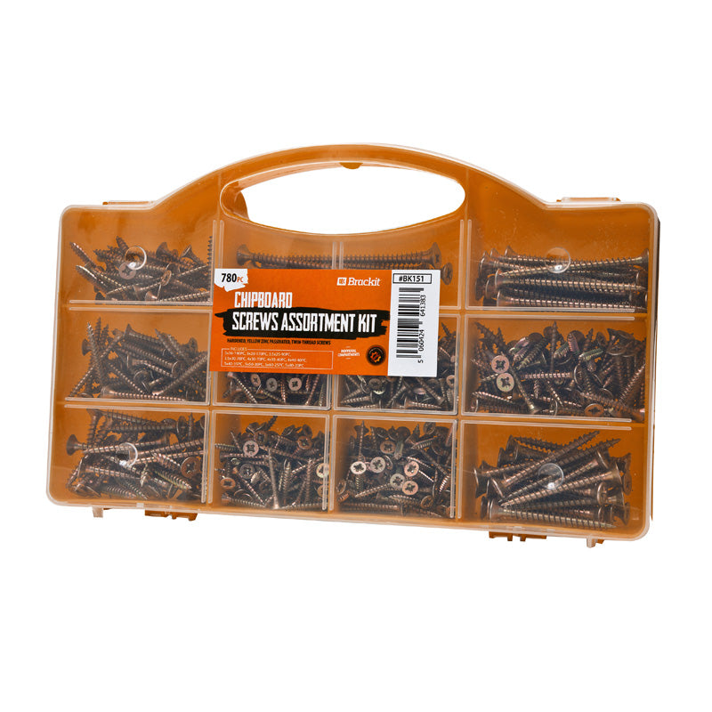 Brackit 780 Pc Chipboard Screw Assortment Kit | Large Value Pack Zinc-Plated, Extra Strength Assorted Wood Screws for Door Hinges, Repairs, Drilling Boards with Clear Top Tool Box