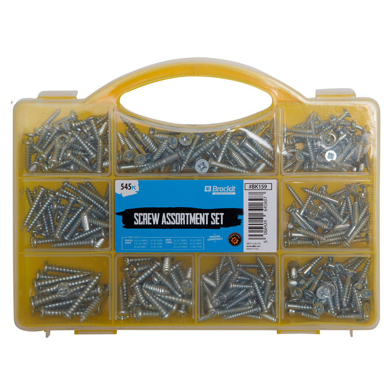 Self Tapping Screws and Wood Screw Quality Fasteners Set – 545 Pieces Screw Pack - Assorted Sizes – Yellow Carry Case with Handle By Brackit