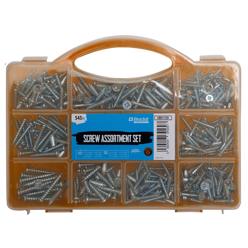 Self Tapping Screws and Wood Screw Quality Fasteners Set – 545 Pieces Screw Pack - Assorted Sizes – Yellow Carry Case with Handle By Brackit