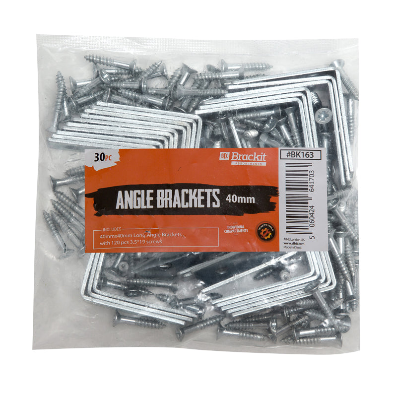 Angle Brackets - Zinc Plated Steel Corner Brackets – 16mm /0.63” Wide 40mm /1.57” Long with Screws – 30 Pack By Brackit