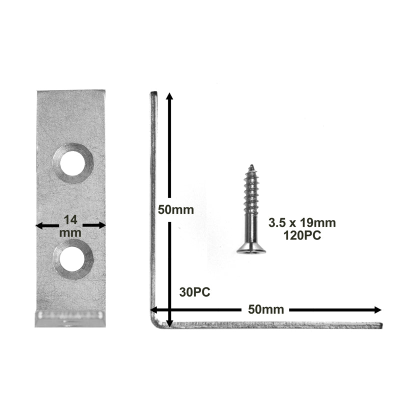 Angle Brackets - Zinc Plated Steel Corner Brackets – 16mm/0.63” Wide 50mm/1.96” Long with Screws – 30 Pack By Brackit
