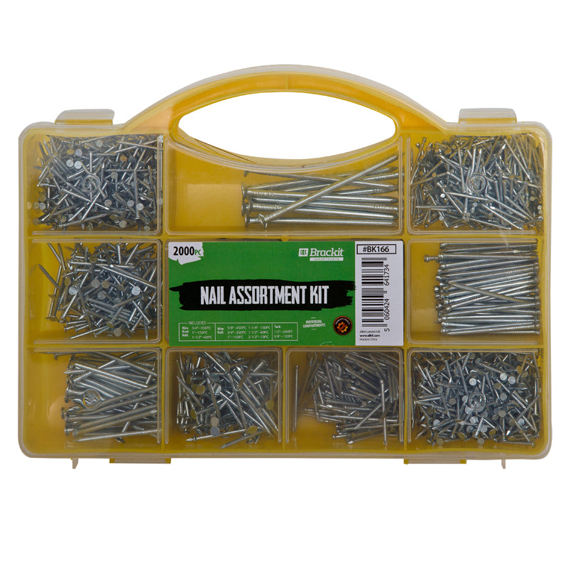 Nail Assortment Containing 2000 Assorted Nails and Brads – for D.I.Y. Projects, Craft and Hobby Activities and more – Yellow Carry Case Included By Brackit