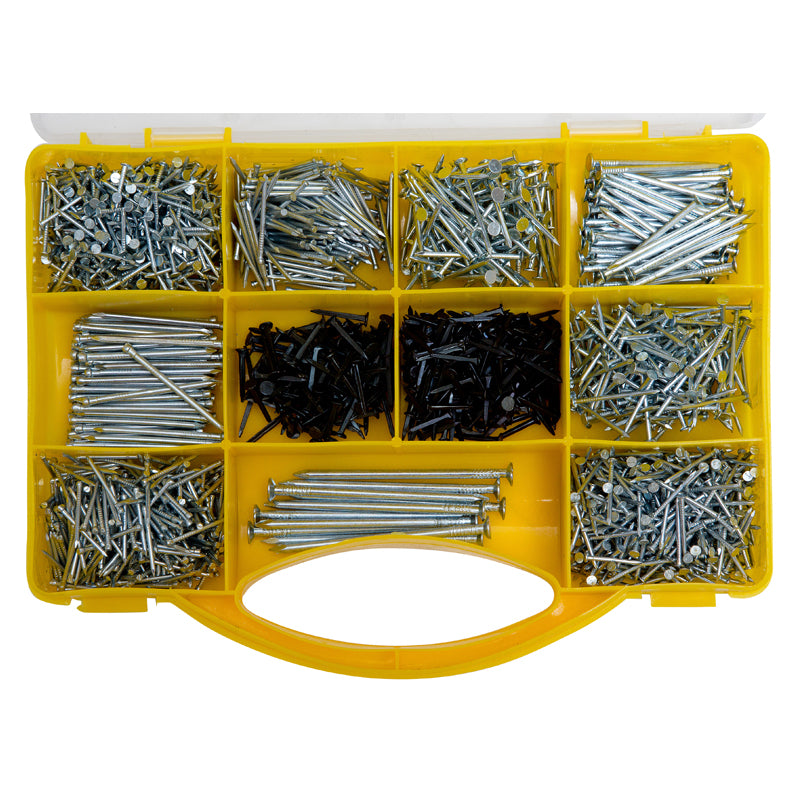 Nail Assortment Containing 2000 Assorted Nails and Brads – for D.I.Y. Projects, Craft and Hobby Activities and more – Yellow Carry Case Included By Brackit