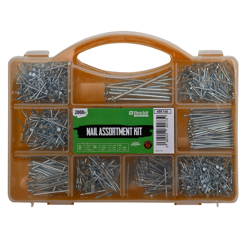 Nail Assortment Containing 2000 Assorted Nails and Brads – for D.I.Y. Projects, Craft and Hobby Activities and more – Yellow Carry Case Included By Brackit