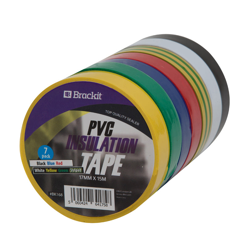 Brackit Insulated Vinyl Electrical 7 Color Coding PVC Tape, Black, Yellow, Yellow/Blue Stripe, White, Red, Green, Blue, 17MM x 15M