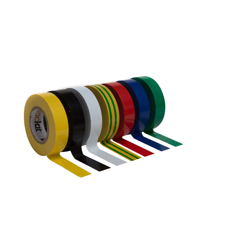 Brackit Insulated Vinyl Electrical 7 Color Coding PVC Tape, Black, Yellow, Yellow/Blue Stripe, White, Red, Green, Blue, 17MM x 15M