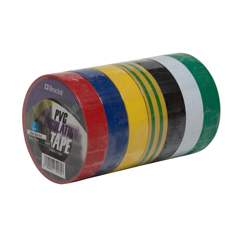 Brackit Insulated Vinyl Electrical 7 Color Coding PVC Tape, Black, Yellow, Yellow/Blue Stripe, White, Red, Green, Blue, 17MM x 15M