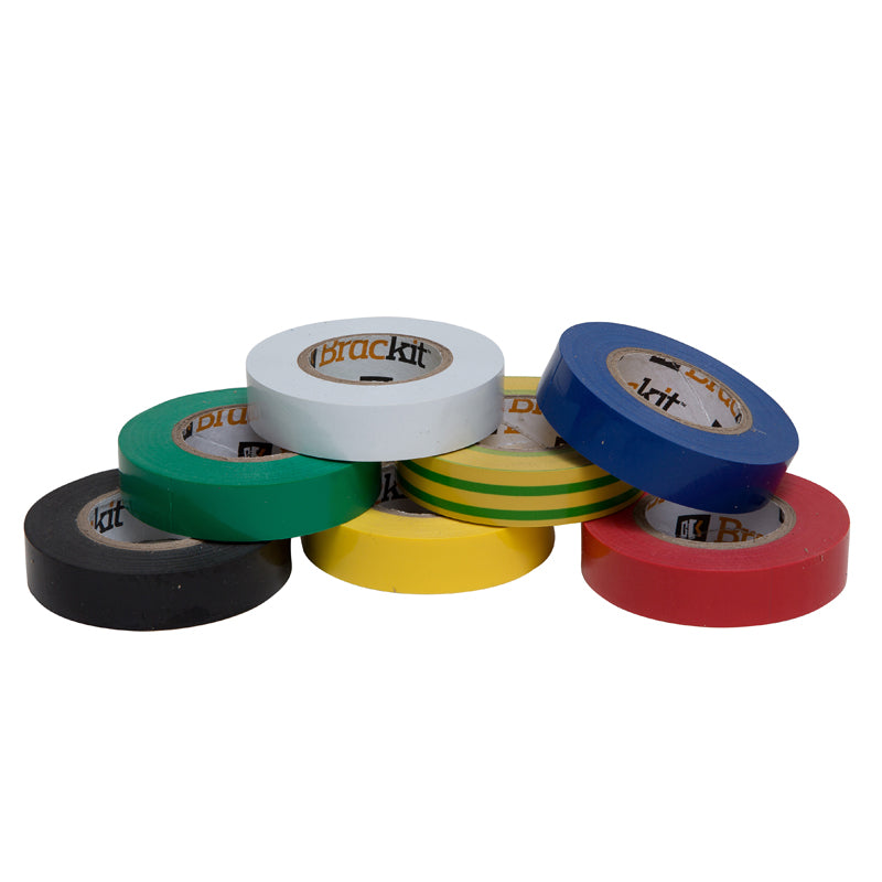 Brackit Insulated Vinyl Electrical 7 Color Coding PVC Tape, Black, Yellow, Yellow/Blue Stripe, White, Red, Green, Blue, 17MM x 15M