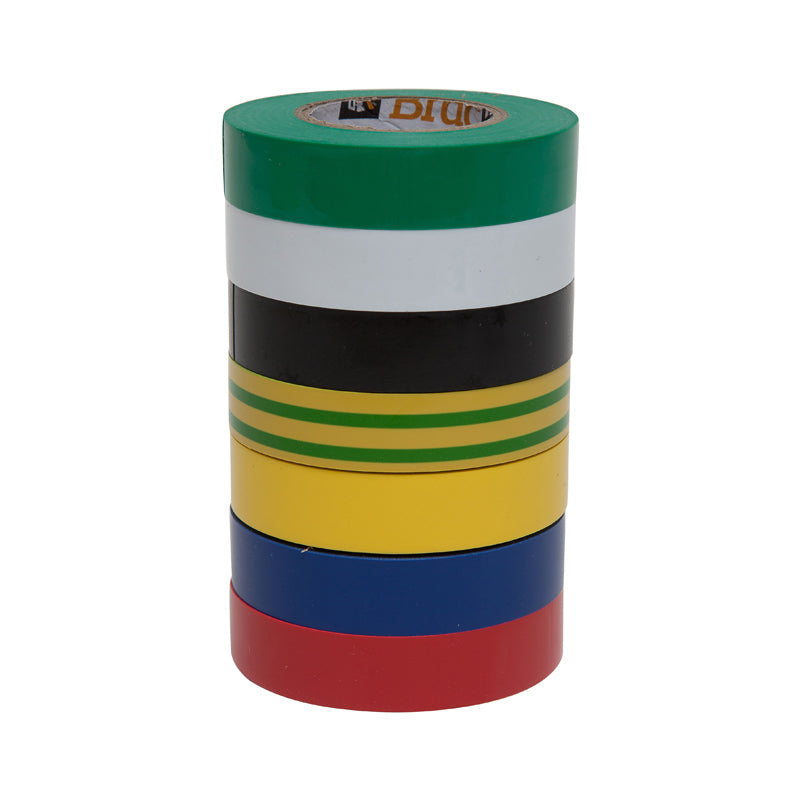 Brackit Insulated Vinyl Electrical 7 Color Coding PVC Tape, Black, Yellow, Yellow/Blue Stripe, White, Red, Green, Blue, 17MM x 15M