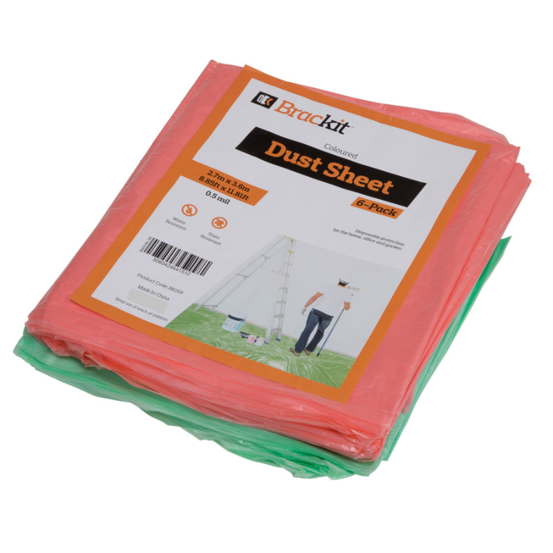 Brackit 6 pack Coloured Dust sheets polythene dust sheets 3.6M X2.7M (12X9FT)