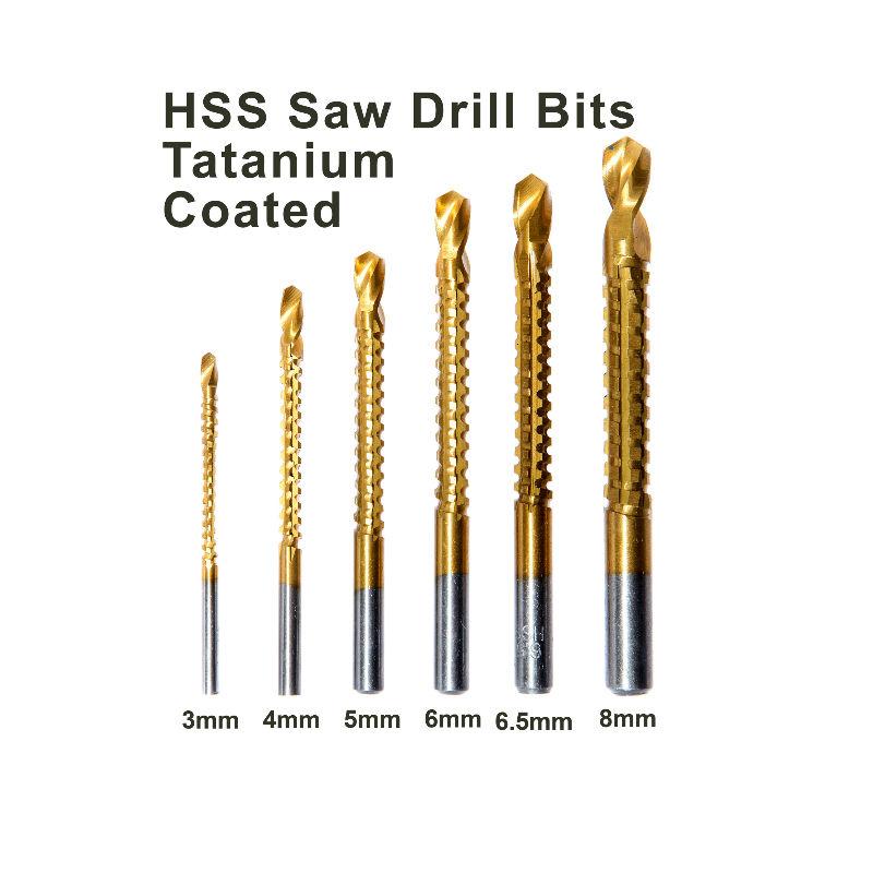 HSS Saw Drill Bits Set – Titanium Coated Steel – 6 Pieces – Sizes 3mm, 4mm, 5mm, 6mm, 6.5mm and 8mm