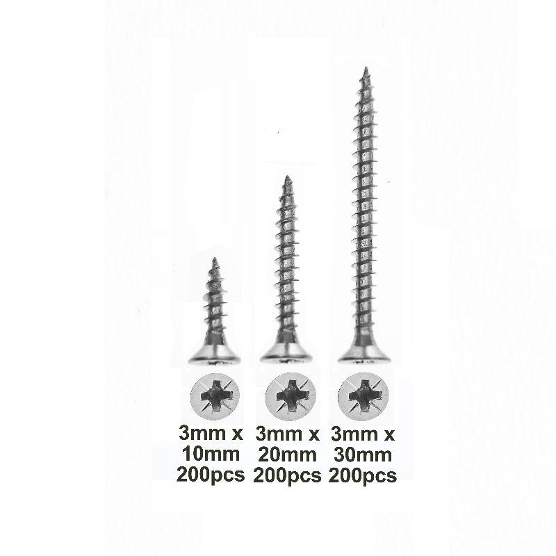Wood Screws Set 3mm Range – Pozi-Drive Countersunk Zinc Plated Steel Screws – 600 Pieces – 3mm x 10mm, 20mm and 30mm