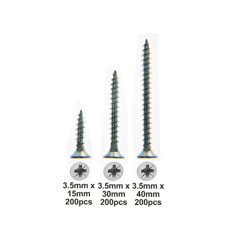 Wood Screws Set 3.5mm Range – Pozi-Drive Countersunk Zinc Plated Steel Screws – 600 Pieces – 3.5mm x 15mm, 30mm and 40mm