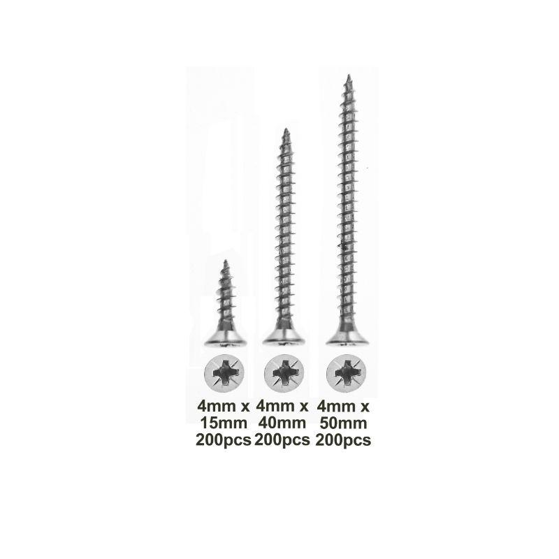 Wood Screws Set 4mm Range – Pozi-Drive Countersunk Zinc Plated Steel Screws – 600 Pieces – 4mm x 15mm, 40mm and 50mm