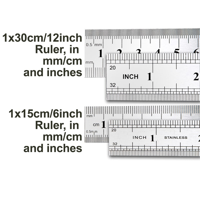 Metal Ruler Set – 3 Rulers Included – 15cm / 6inches, 30cm / 12inches and 1 Multi Scale Triangular Ruler – Professional Measuring Kit