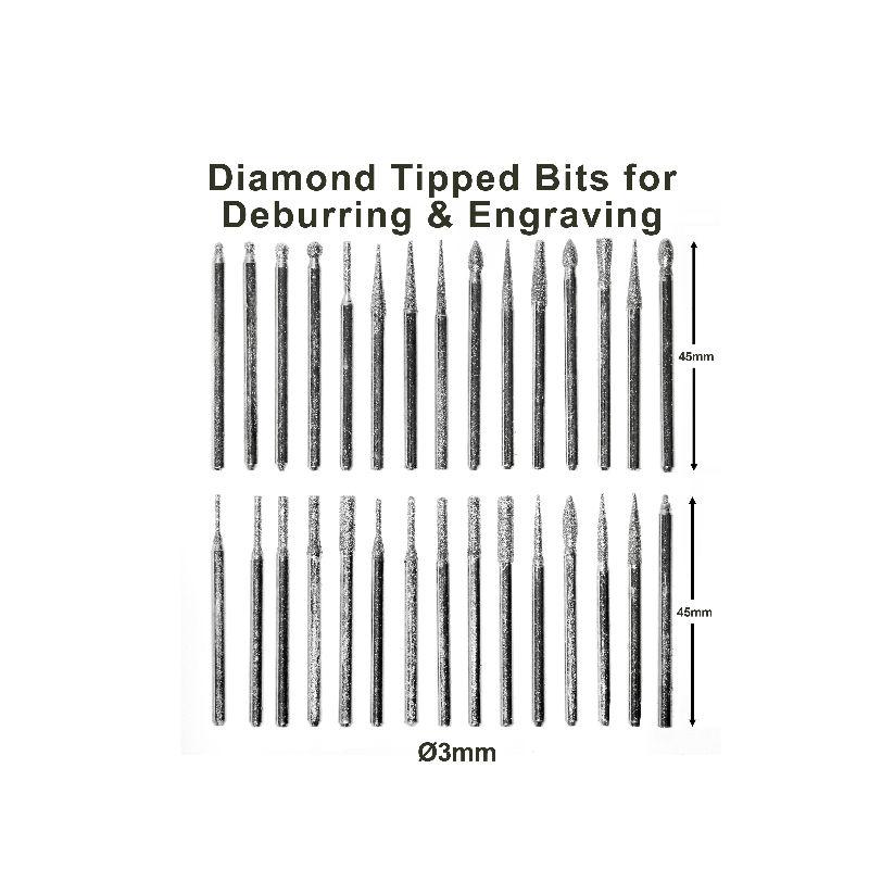 30 Pieces Rotary Tool Bits – Diamond Tipped Deburring and Engraving Set – for a Range of Surfaces in a Variety of Sizes