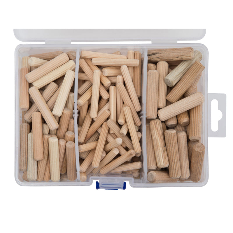 Bulk Set of 225x Mixed-Size Solid Premium Birch Wood Dowels – Tapered and Ribbed Wooden Birch Dowels for DIY and Carpentry and Hobbyists