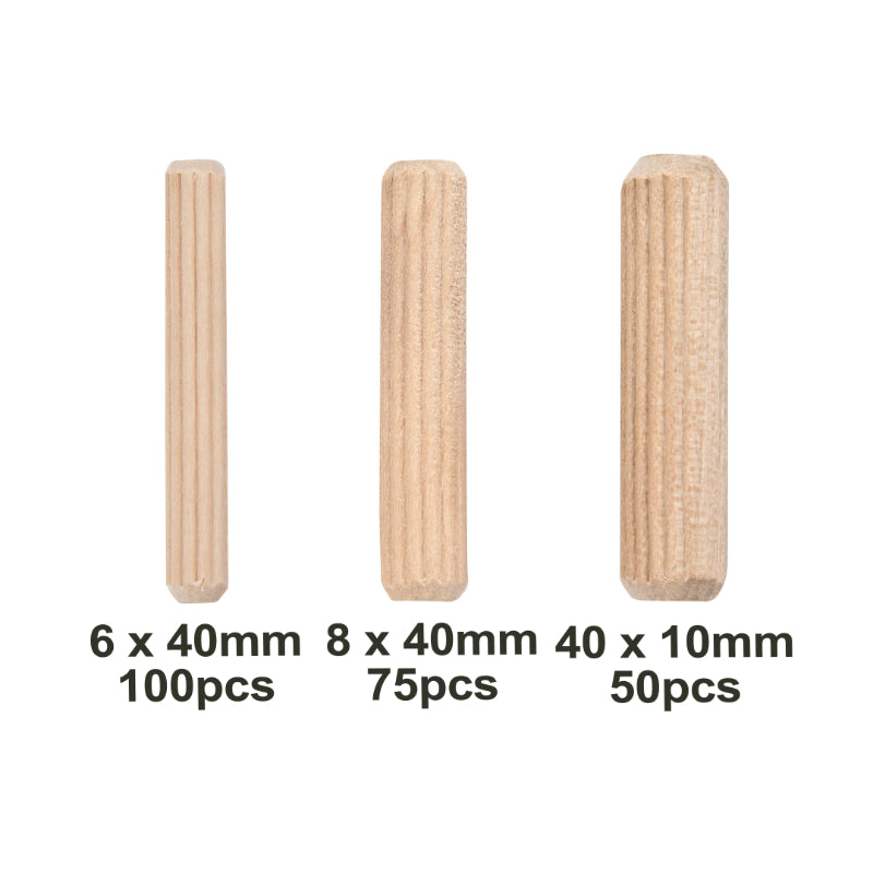 Bulk Set of 225x Mixed-Size Solid Premium Birch Wood Dowels – Tapered and Ribbed Wooden Birch Dowels for DIY and Carpentry and Hobbyists