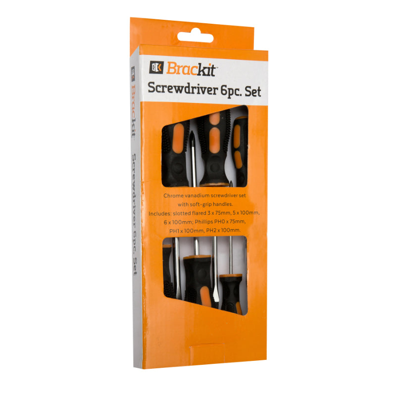 Durable 6pc Screwdriver Set – Chrome Vanadium Steel with Magnetic Tips – Includes 3x Flat-Head sizes: 3x75mm/5x100mm/6x100mm and 3x Phillips-Head: PH0x75mm/PH1x100mm/PH2x100mm