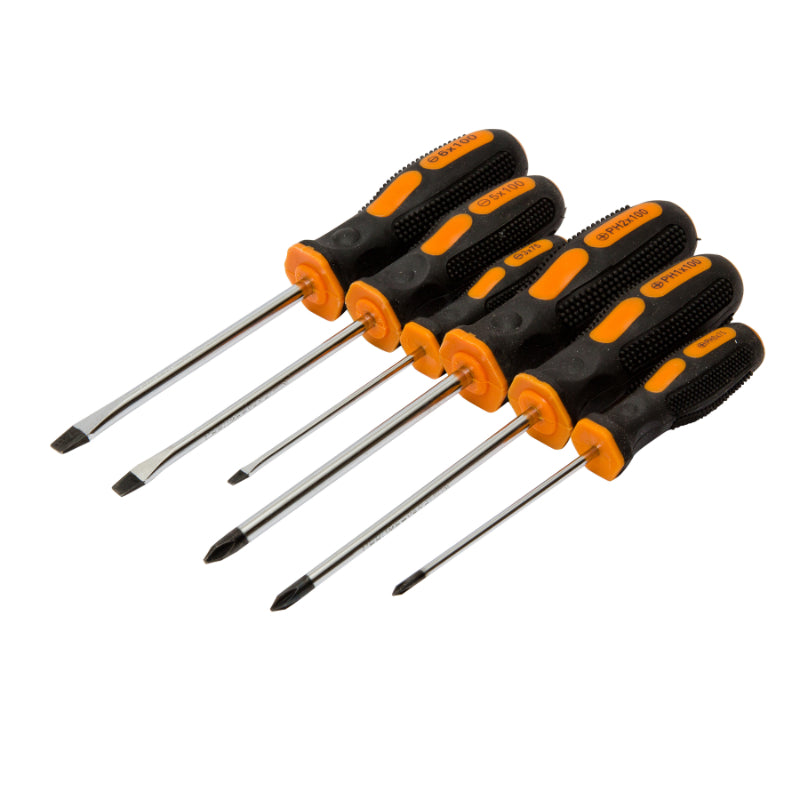 Durable 6pc Screwdriver Set – Chrome Vanadium Steel with Magnetic Tips – Includes 3x Flat-Head sizes: 3x75mm/5x100mm/6x100mm and 3x Phillips-Head: PH0x75mm/PH1x100mm/PH2x100mm