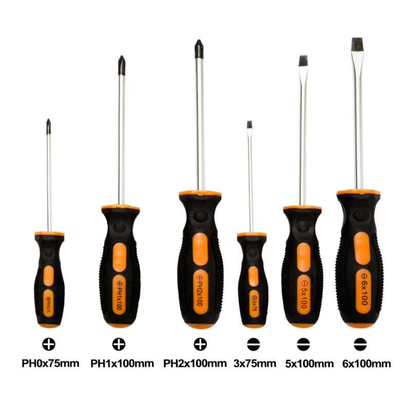 Durable 6pc Screwdriver Set – Chrome Vanadium Steel with Magnetic Tips – Includes 3x Flat-Head sizes: 3x75mm/5x100mm/6x100mm and 3x Phillips-Head: PH0x75mm/PH1x100mm/PH2x100mm