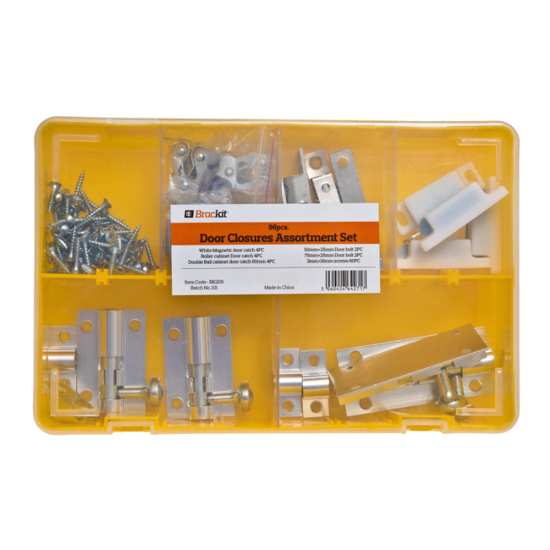 Door Catch Bulk Pack 96pcs - Including Magnetic Door Catches | Double Roller Door Catches | Double Ball Catch | Door Bolts – Tower Bolt – Bolt Lock - Fixing Screws – Metal & Plastic Fittings