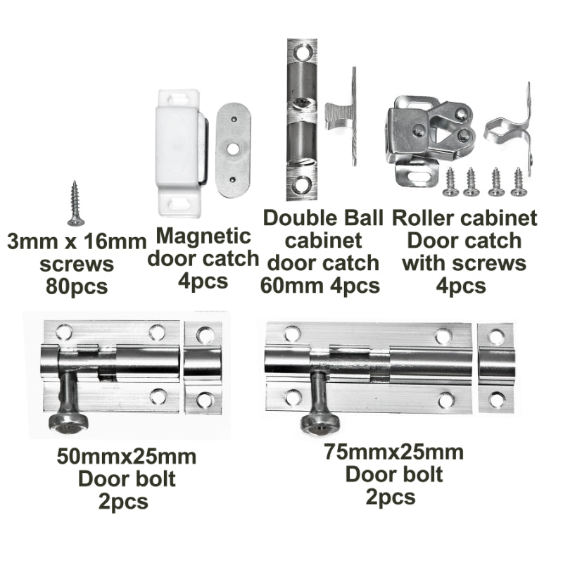Door Catch Bulk Pack 96pcs - Including Magnetic Door Catches | Double Roller Door Catches | Double Ball Catch | Door Bolts – Tower Bolt – Bolt Lock - Fixing Screws – Metal & Plastic Fittings