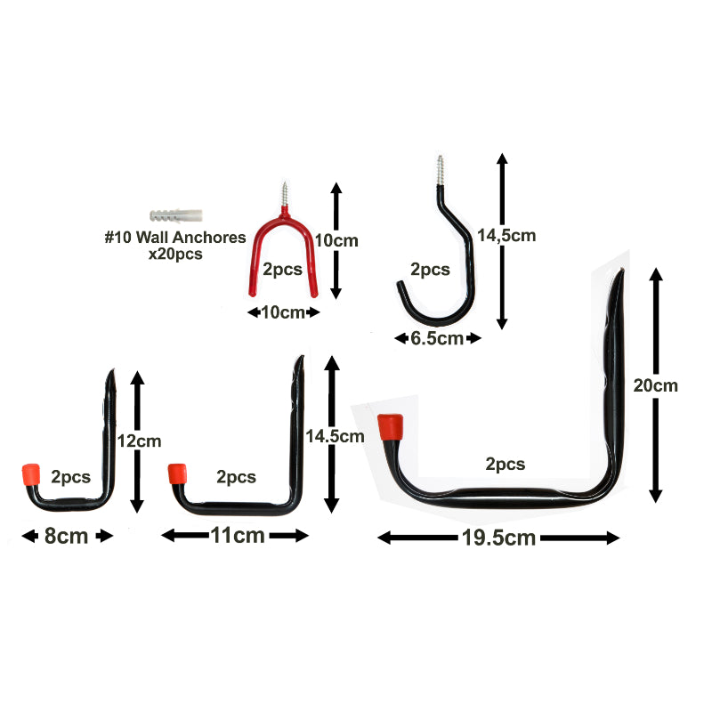 10x Wall-Mounted Garage Hooks – 30pc Assortment Set for Home Use Hanging & Storing Tools Bikes Ladders Garden and Cleaning Equipment in Garages House Shed or Store