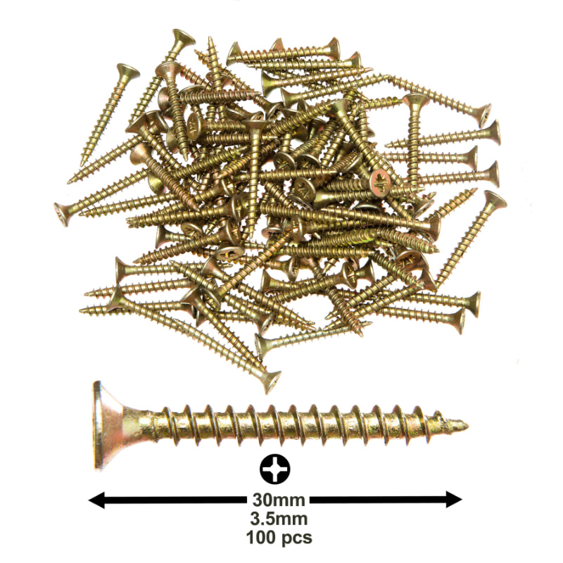 3.5X30mm (9/64”X1-3/16”) Wood Screws (100pcs) – Commercial-Grade Heavy Duty Zinc-Coated Steel Countersunk Pozi-Drive Head Screws for All Types of Wood