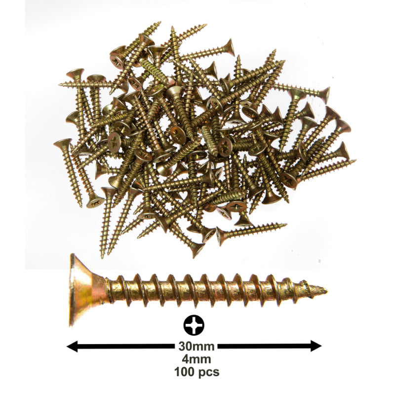 4X30mm (5/32”X1-3/16”) Wood Screws (100pcs) – Commercial-Grade Heavy Duty Zinc-Coated Steel Countersunk Pozi-Drive Head Screws for All Types of Wood