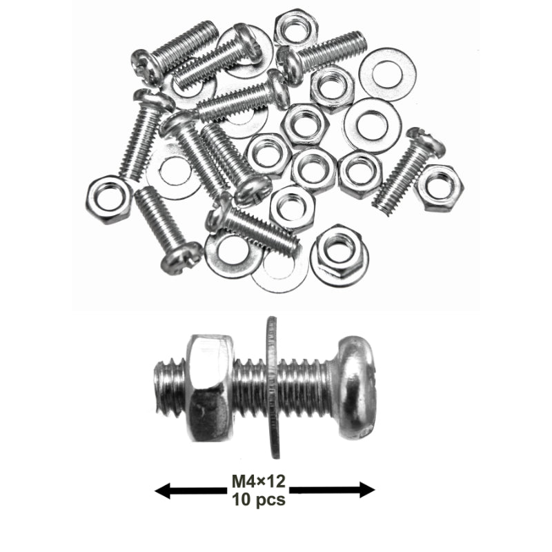 Pack of 10 Sets M4X12mm (5/32”X15/32") Screws, Nuts & Washers – Steel Round Head Design – High-Grade for Home Commercial and Industrial Use
