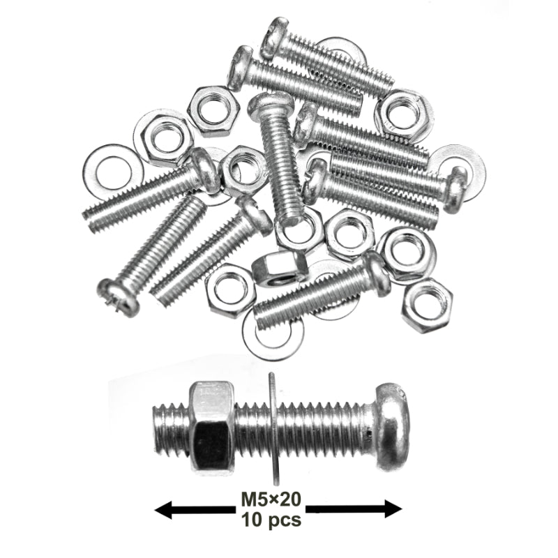 Pack of 10 Sets M5X20mm (13/64”x13/16”) Screws, Nuts & Washers – Steel Round Head Design – High-Grade for Home Commercial and Industrial Use