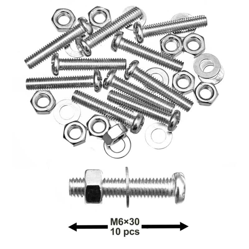 Pack of 10 Sets M6X30mm (1/4”x1-3/16”) Screws, Nuts & Washers – Steel Round Head Design – High-Grade for Home Commercial and Industrial Use