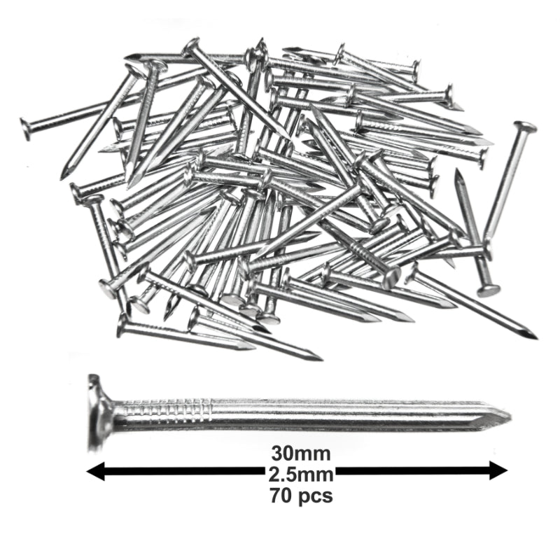Pack of 70 Hardened Ribbed Steel Masonry Nails 2.5x30mm (1x1-3/16in) for Brick, Blocks, Skirting Boards, Battens and All Other Masonry