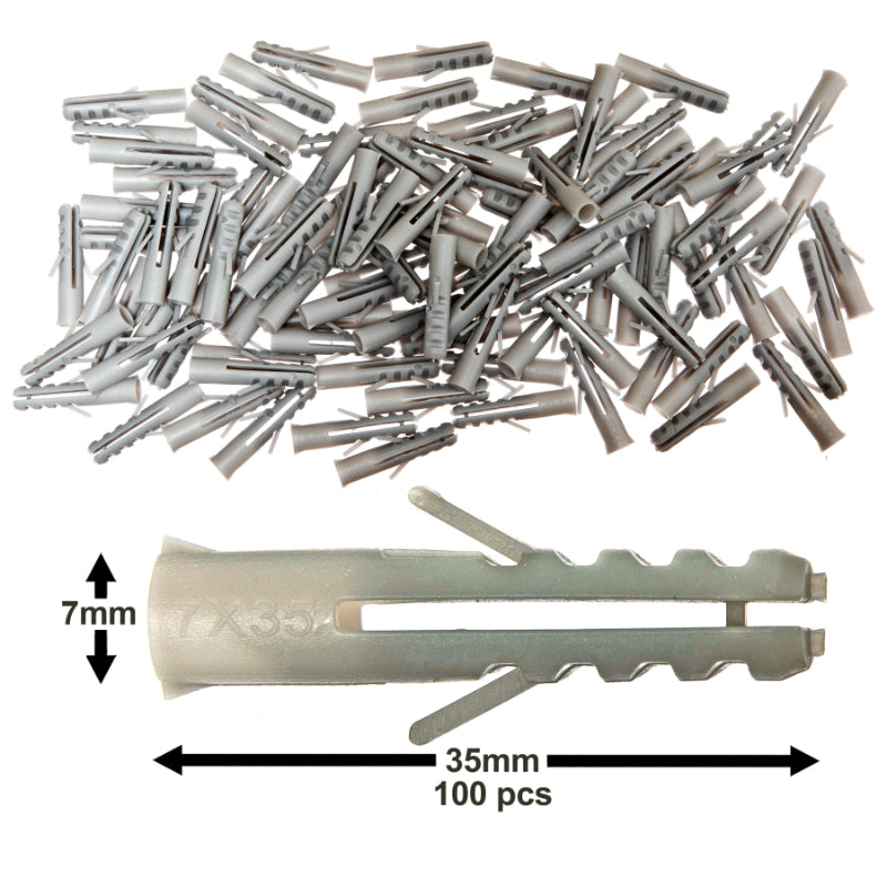100-pack of Masonry Rawl Plugs 7x35mm (9/32”x1-3/8”) – Heavy Duty Plastic Wall Plug Fixings for Brick Concrete Stone - Building Hardware
