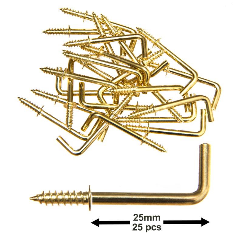 25 x 25mm (1in) Brass-Plated Square Shouldered Dresser Hooks – Simple to Install Tapered Screw Head for Easy Installation Into Wood