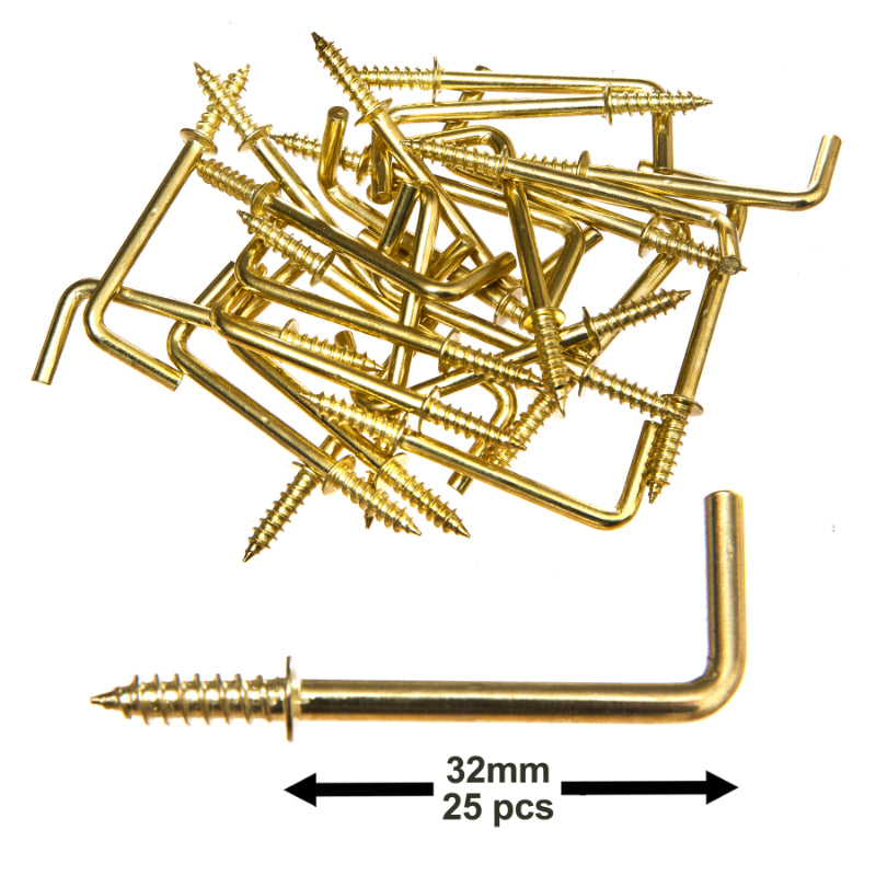 25 x 32mm (1-1/4”in) Brass-Plated Square Shouldered Dresser Hooks – Simple to Install Tapered Screw Head for Easy Installation Into Wood