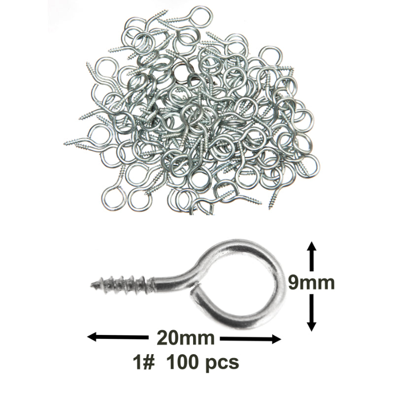 100x 9mm (3/8”) Zinc-Plated Eye Hook Screws – Round Circle-Style Screw-in Metal Eye Hole Hooks Bolts for Hanging Small Items Pictures Mirrors on Walls